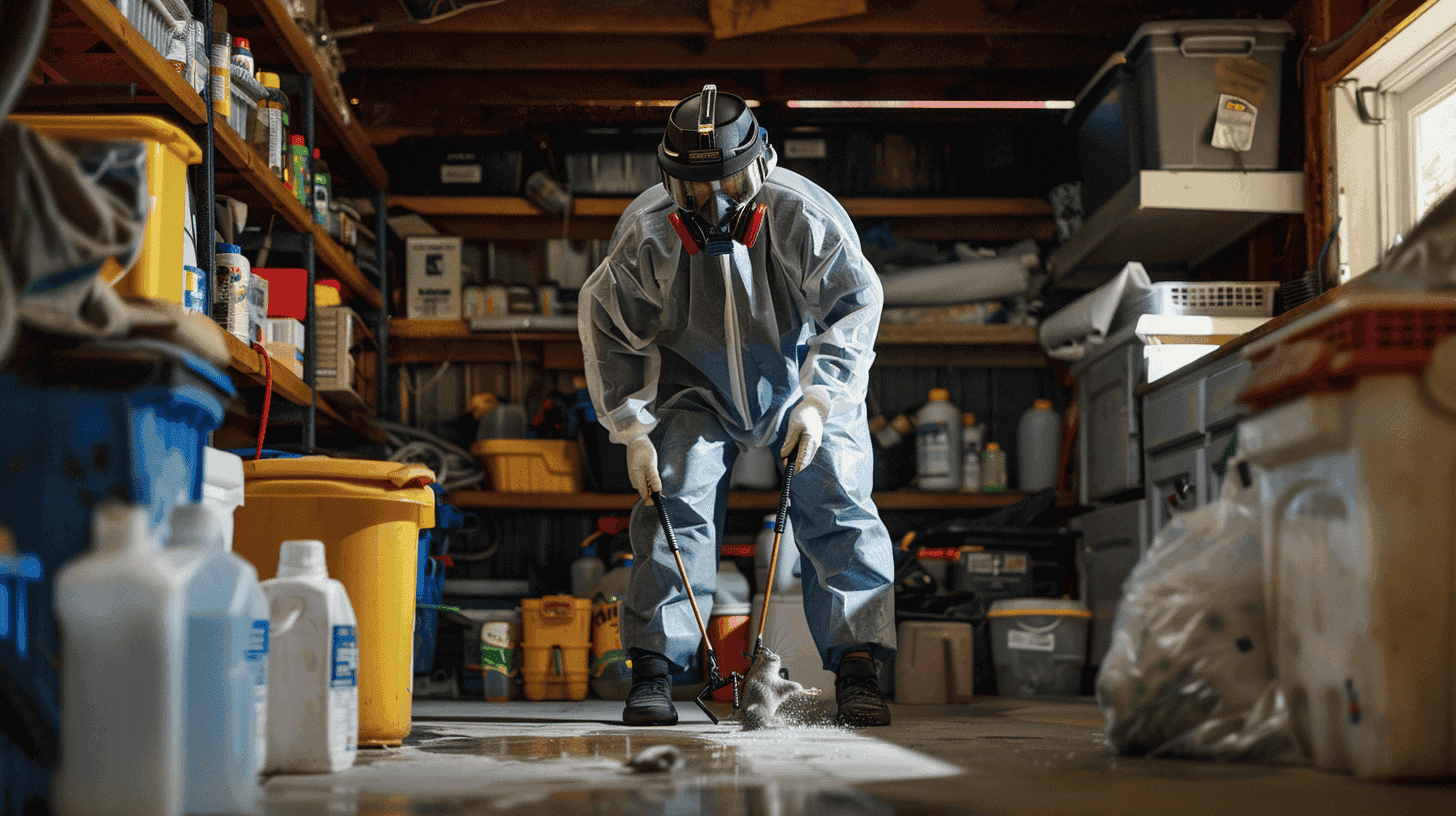 Exterminateur en action dans un hangar pour éliminer les nuisibles, utilisant des équipements professionnels pour assurer la sécurité et la propreté. Un service spécialisé en extermination à domicile et commerciale.