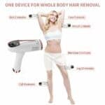 Highly effective body hair removal device for smooth skin, featuring quick treatments for arms, face, armpits, bikini line, calves, and legs, ideal for home use and professional salons.
