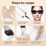 Efficient hair removal steps illustrated for smooth skin, including shaving, device connection, wearing sunglasses, adjusting energy level, placing the device on skin, and using skincare products after hair removal.
