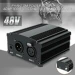 48V phantom power supply with condenser microphone adapter, ideal for professional audio recording and studio use, compatible with various microphones, compact and durable design.