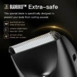 Extra-safe electric shaver with ceramic blades, body guards, and rounded teeth, designed to prevent cuts; perfect for smooth and safe grooming.