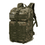 Military tactical backpack with camouflage pattern and US flag patch, ideal for outdoor adventures and tactical gear storage. Perfect for hiking, camping, or military use, offering durability and multiple compartments.