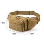 Light brown tactical waist bag with multiple zippered compartments and adjustable strap, perfect for outdoor activities, travel, or everyday use. Dimensions: 43cm x 16cm x 8cm.