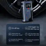 Digital tire pressure gauge with LCD display showing 2.50 kgf/cm², featuring functions for on-off, unit toggle, mode switching, and LED light, ideal for vehicle maintenance and tire pressure monitoring.