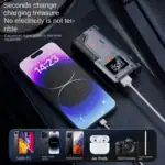 Charging portable power bank with phone on car seat, emphasizing portable charging solutions and power bank technology for quick device recharging.