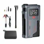 Portable digital tire pressure monitor with inflator kit for automotive and bike tires, includes air hose, USB charging cable, and accessories, ideal for effortless inflation and pressure measurement.