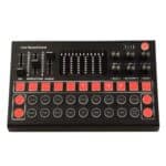 Wireless live sound card with multiple control knobs, sound level meters, and programmable buttons, ideal for DJs, streamers, and content creators to enhance audio quality and effects.