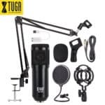 Professional podcast microphone with adjustable arm stand, pop filter, shock mount, and USB connection for high-quality audio recording and streaming. Ideal for content creators and radio hosts.