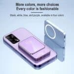 Wireless charger and smartphone in purple color, modern tech accessories for stylish phone charging.