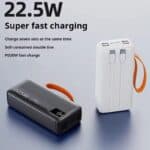 Power bank with fast charging capabilities, dual USB ports, and 22.5W power output, ideal for quick device charging on the go.