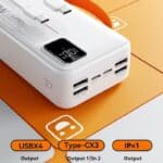 Fast charging power bank with multiple USB ports and digital display, ideal for travel, camping, and outdoor use. Compatible with smartphones, tablets, and devices needing reliable portable power.