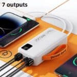 7 outputs portable power bank charging multiple devices simultaneously, ideal for travel and outdoor use, with fast charging and compact design.