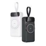 Portable wireless power bank with LED display, black and white design, fast charging capability, ideal for smartphones and devices, on sale at Hot Deals LB for affordable tech accessories.