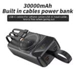 Rechargeable 30000mAh built-in cables power bank with USB-C, iPhone cable, and USB-A input cable for convenient portable charging. Ideal for on-the-go tech charging needs.