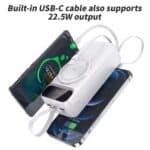 Fast wireless charging pad with built-in USB-C cable supporting 22.5W power for quick smartphone charging. Compatible with all Qi-enabled devices for efficient energy transfer.
