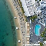 A view from above at Ornos beach at the island of Mykonos