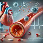 a imagem ilustrando a relação entre a infecção pelo HIV e os riscos cardiovasculares, especialmente o acúmulo de placas nas artérias, associado ao uso da terapia antirretroviral (TARV