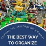 colorful lego city assembled on table top with blue circle and white text box beneath