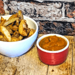 chips and home made curry sauce