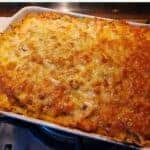 Leek macaroni cheese in large rectangular oven dish, the cheese is golden brown.