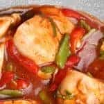 Spanish chicken with chunks of chicken in a tomato and pepper sauce.