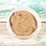 Mushroom pate in a small white bowl.
