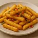 A white plate holds a pile of golden, crispy salt and pepper chips, garnished with finely chopped green and red bell peppers, set on a light beige surface. The fries are evenly seasoned and look hot, fresh, and ready to enjoy straight from the air fryer.