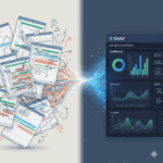 Illustrazione del passaggio da gestione produzione con fogli Excel complessi e disorganizzati a un software gestionale moderno e integrato di SIVAF Informatica per PMI.