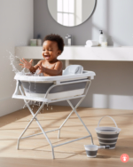 Table à langer bébé avec baignoire intégrée, pratique et sécurisée pour le bain et le change.