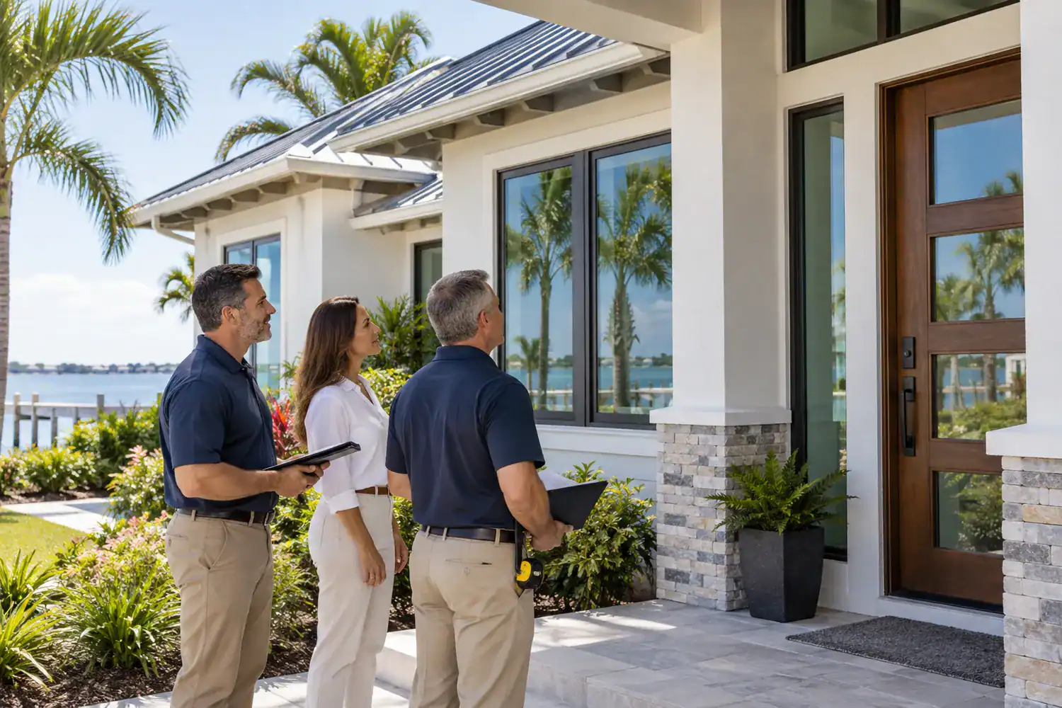 Roofing windows and doors contractor team inspecting a Florida home