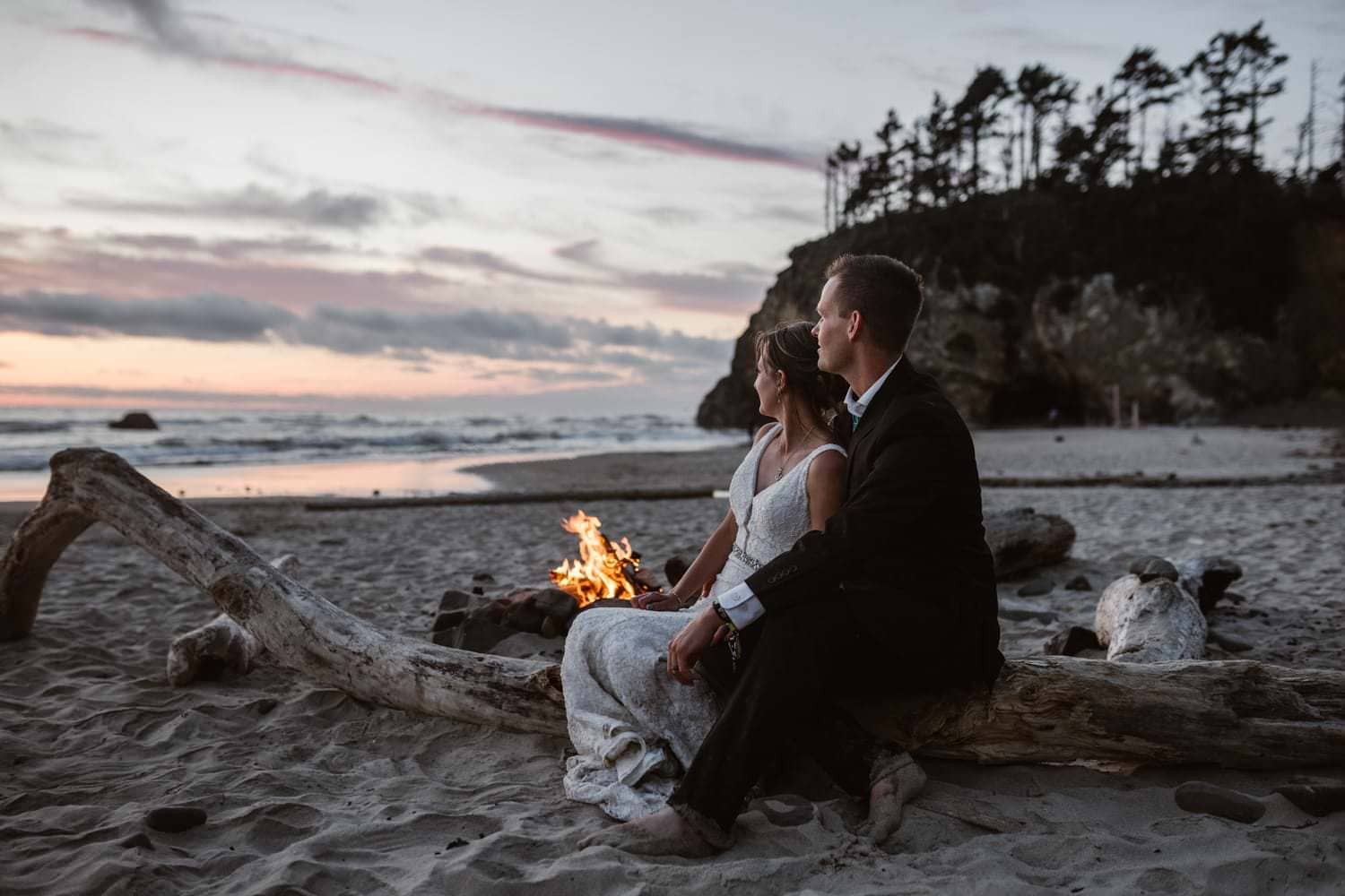Bride and Groom at Bon Fire at Hug Point & Cannon Beach Elopement