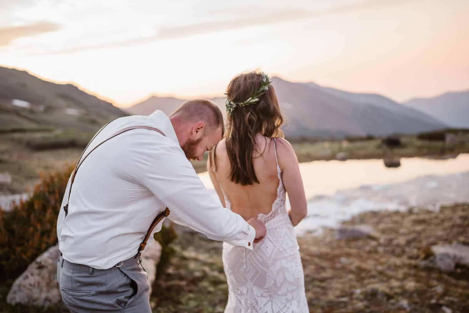 Bride and Groom First Look at Sunrise Elopement in Colorado