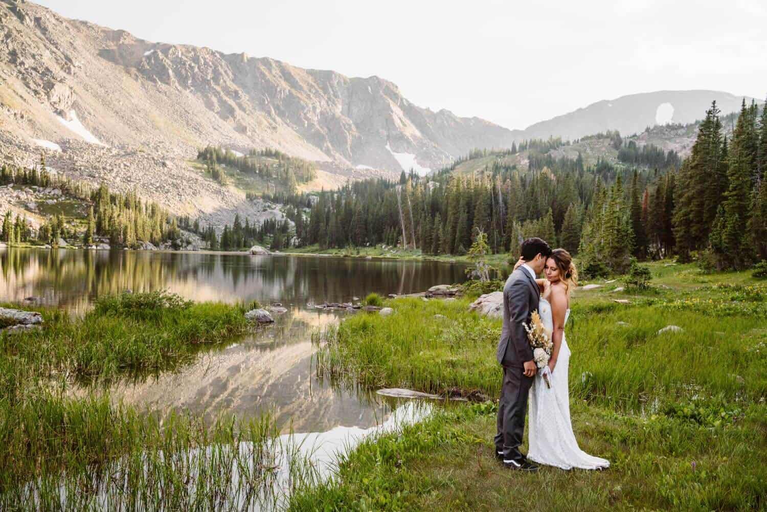 Bride and Groom at Lake Boulder Colorado Elopement