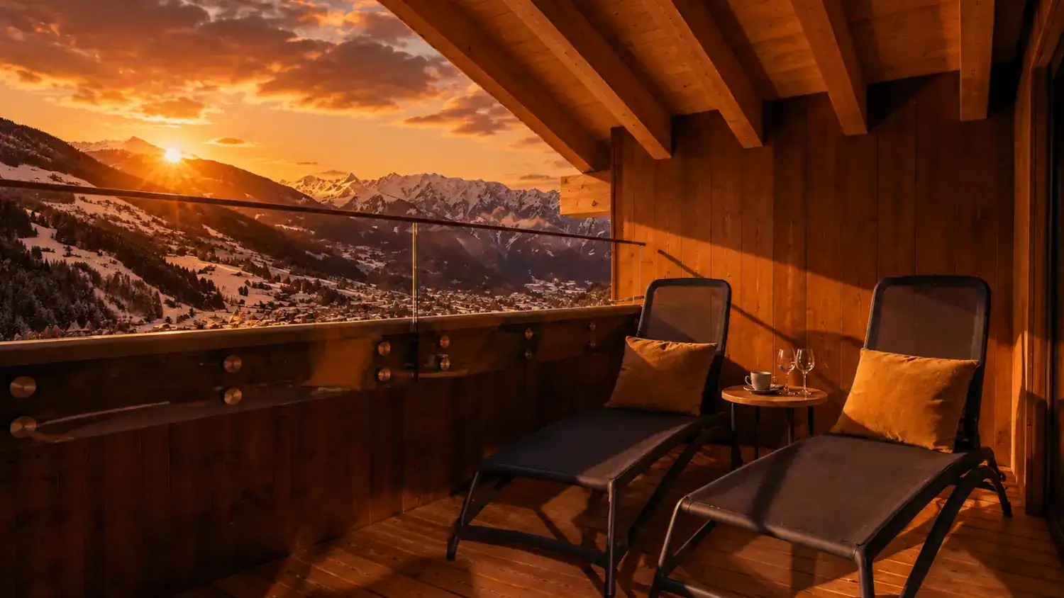 Gemütlicher Holzbalkon der Silvretta Panorama Suites mit Liegestühlen und Panoramablick auf ein verschneites Bergtal im warmen Licht des Sonnenuntergangs.