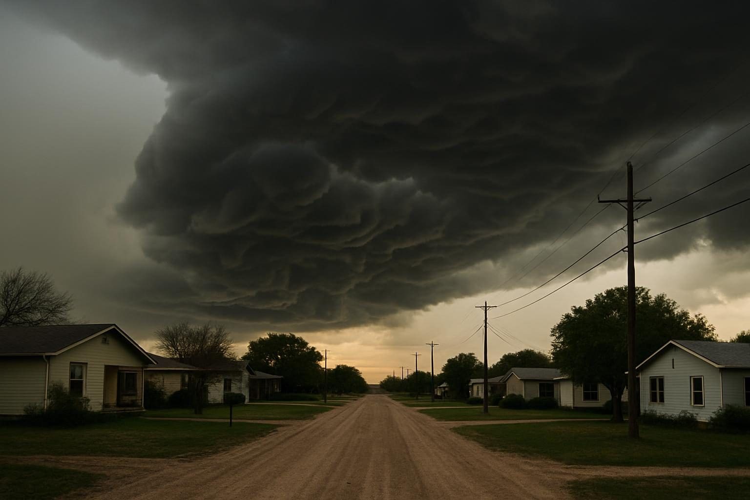 Storm clouds over homes in rural Texas