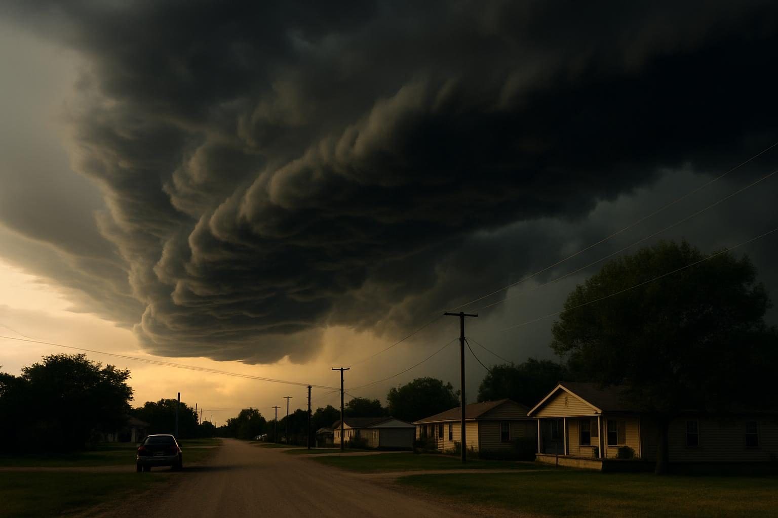 Storm clouds over homes in rural Texas