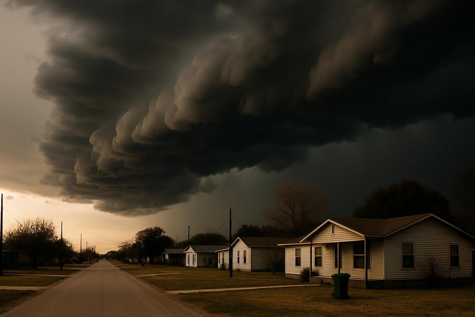 Storm clouds over homes in rural Texas