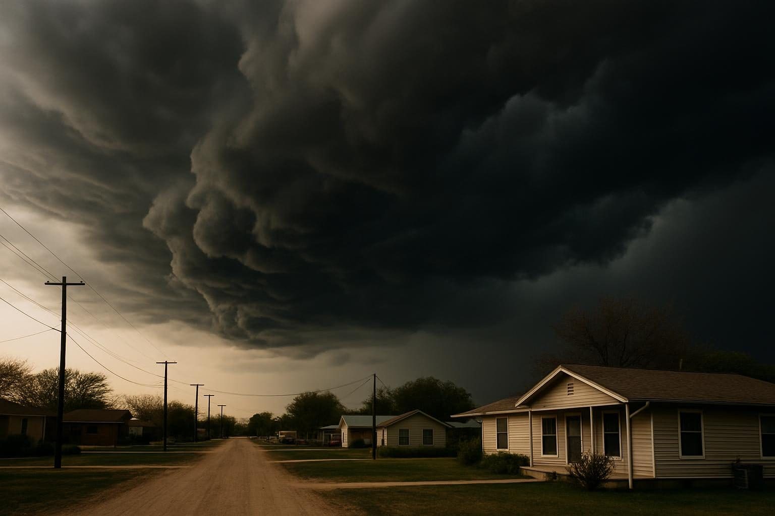 Storm clouds over homes in rural Texas