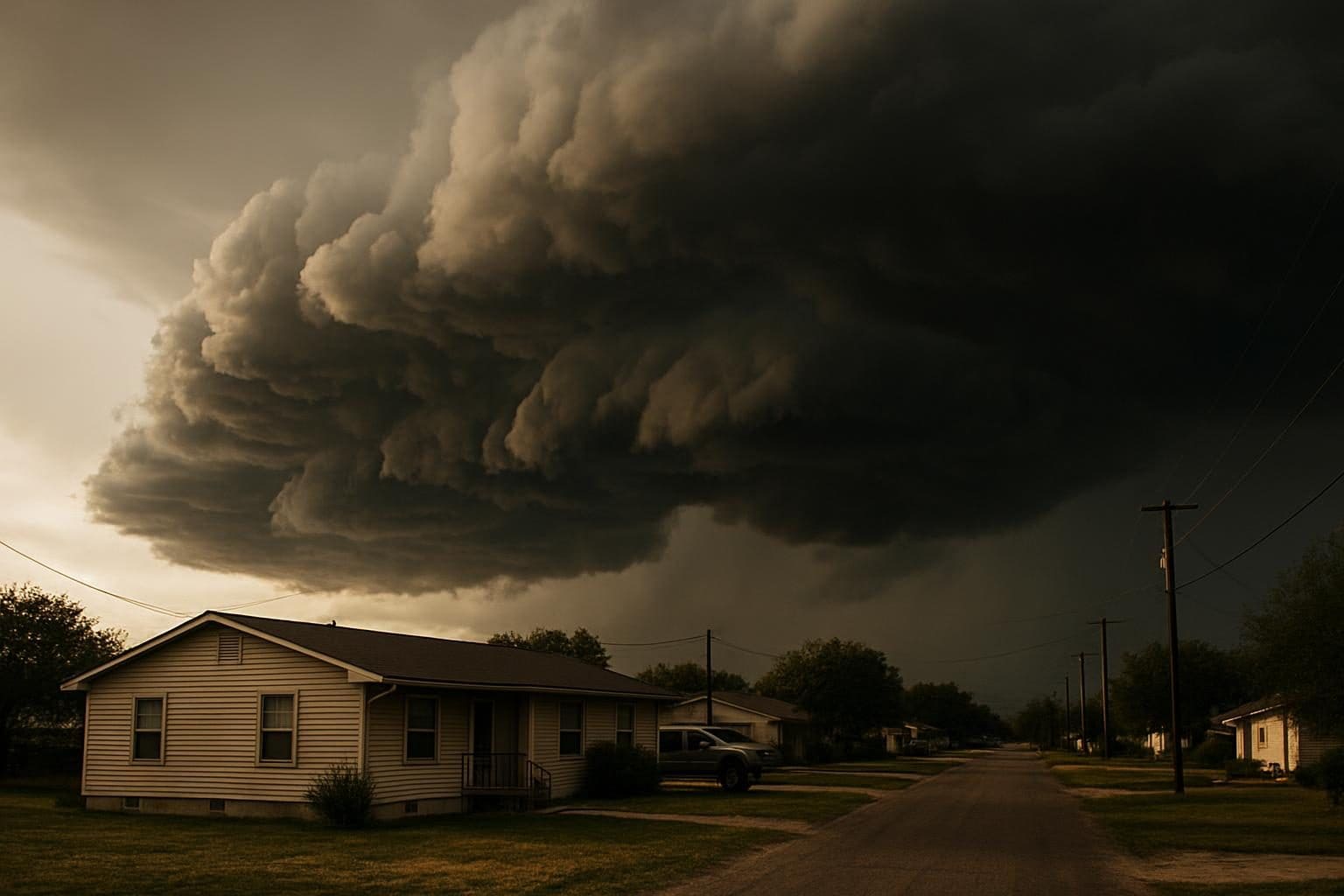Storm clouds over homes in rural Texas