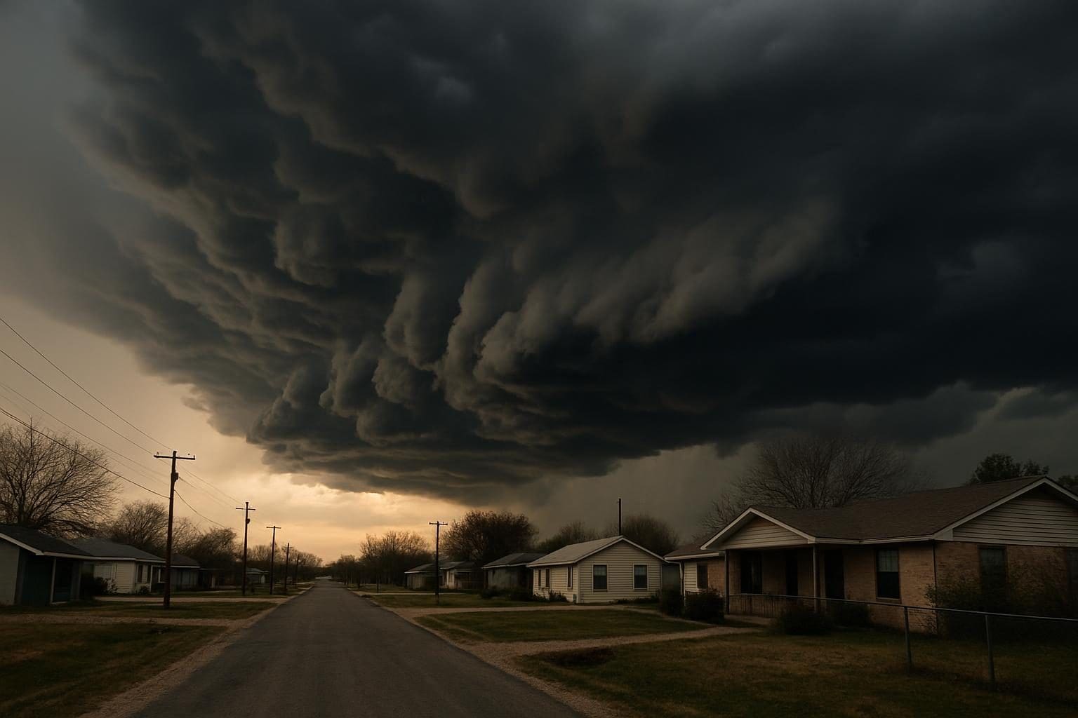 Storm clouds over homes in rural Texas