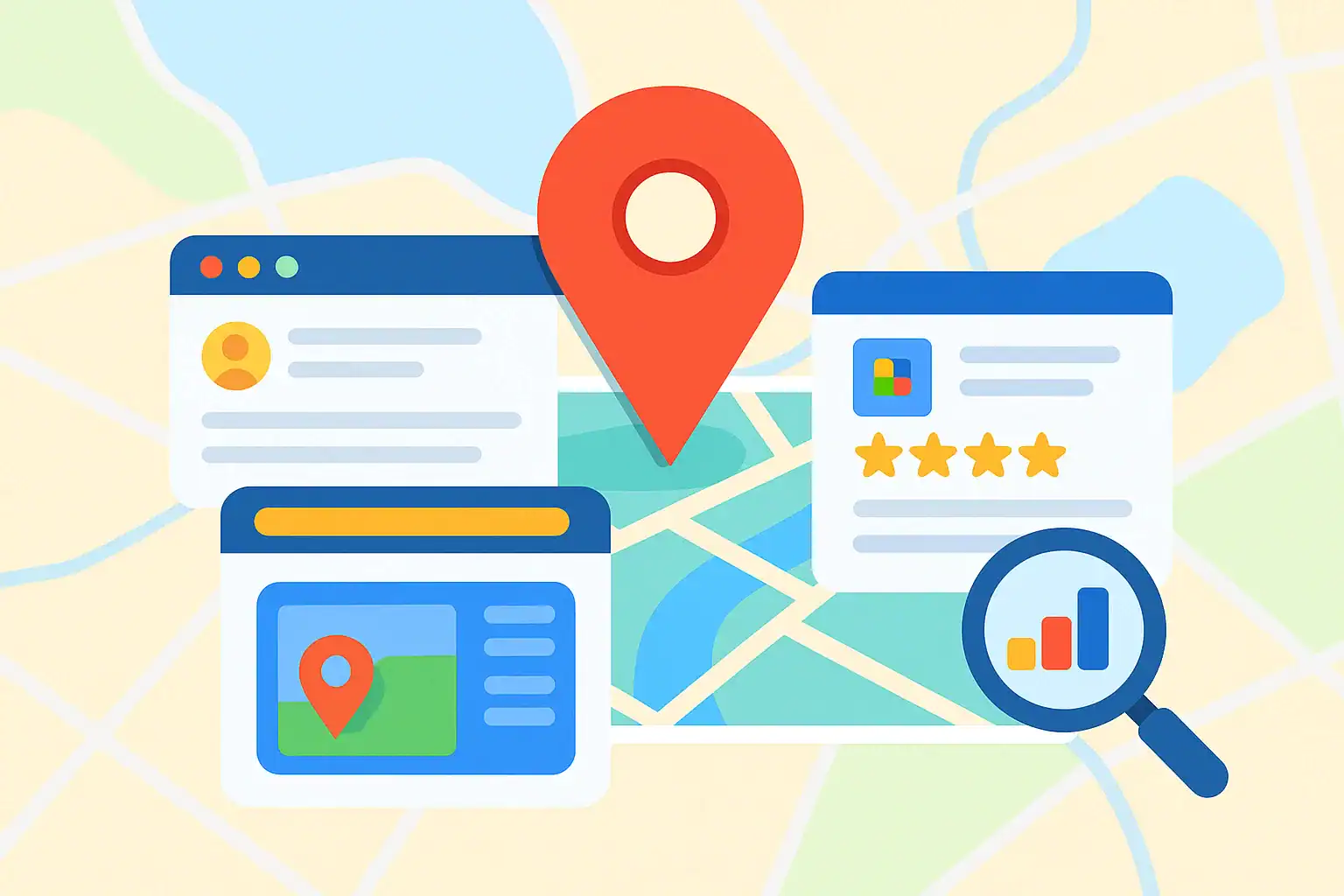 Map pin, Google Business Profile, and SEO icons representing the best affordable local SEO service