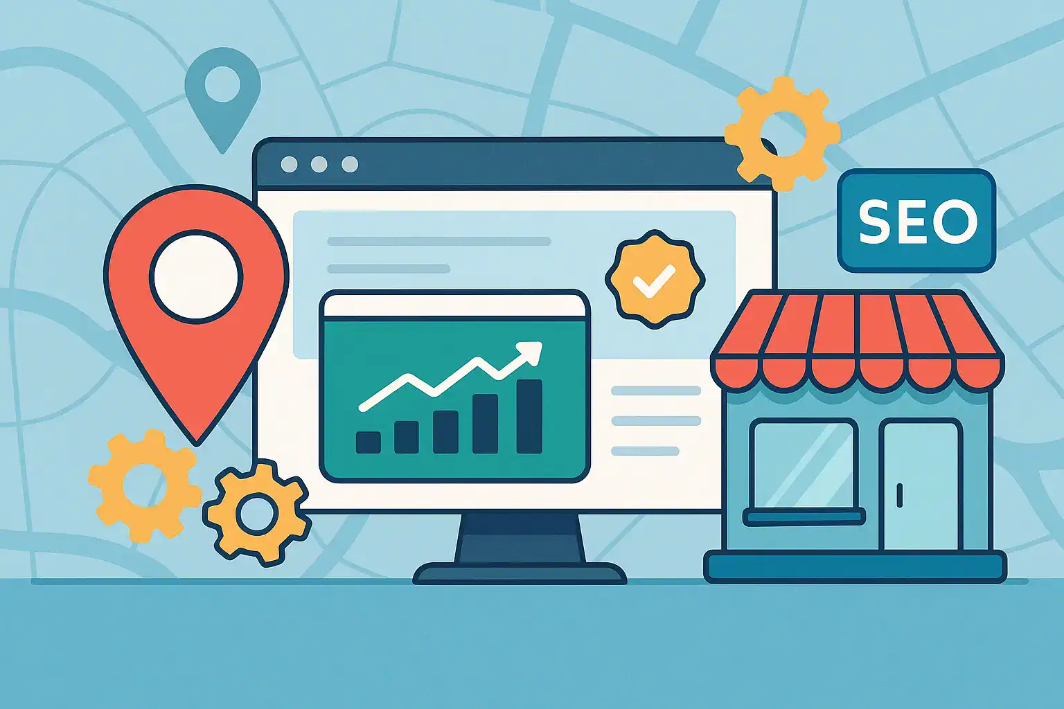 Local SEO service concept with map pin, storefront, gear, and chart icons showing affordable business support