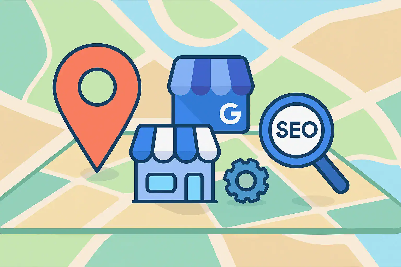 Map pin, storefront, Google Business Profile icon, magnifying glass, and gear over a map background representing local SEO