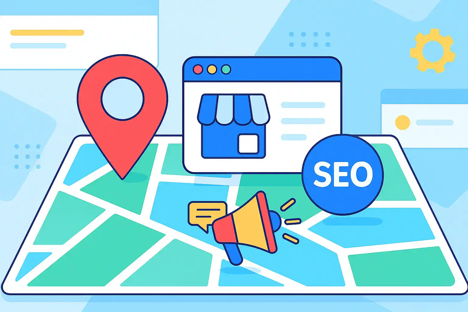 Map pin, storefront, SEO icon, and megaphone on map, showing why local SEO helps small businesses grow
