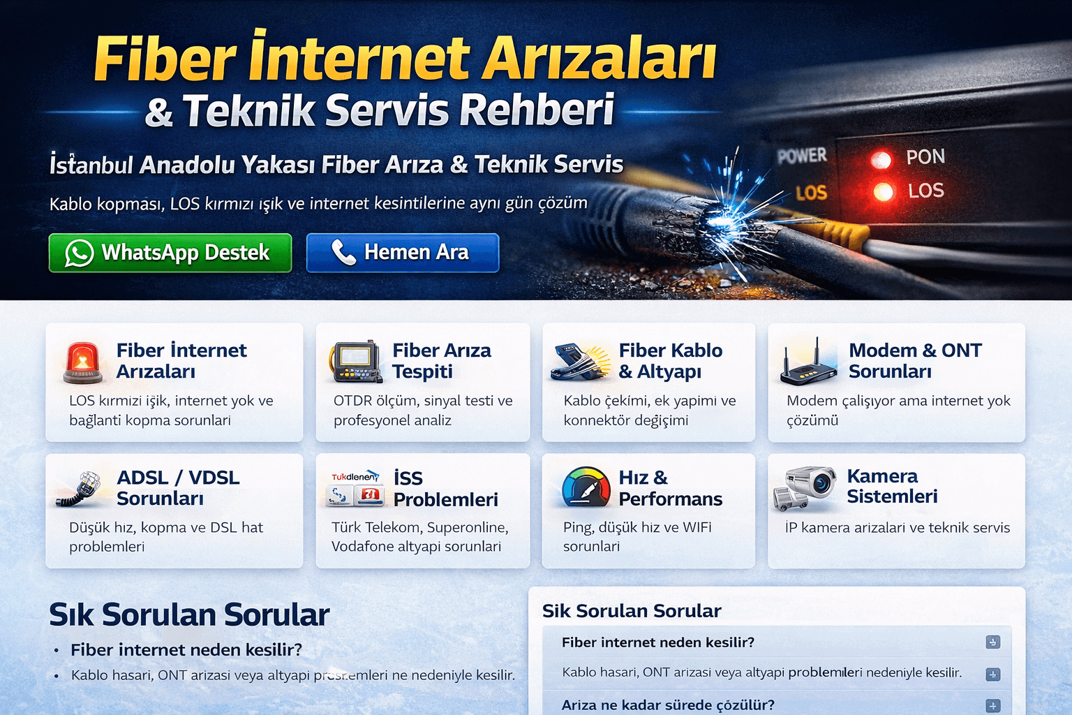 Fiber internet arızaları genellikle kablo hasarı, ONT cihazı sorunları veya iç tesisat kaynaklıdır. Profesyonel ekipmanlarla yapılan ölçümler sayesinde arıza noktası hızlıca tespit edilir ve aynı gün kalıcı çözüm sağlanır.