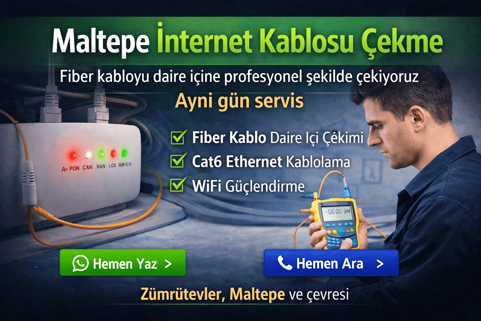 Maltepe’de fiber kabloyu daire içine profesyonel şekilde çekiyoruz – aynı gün servis