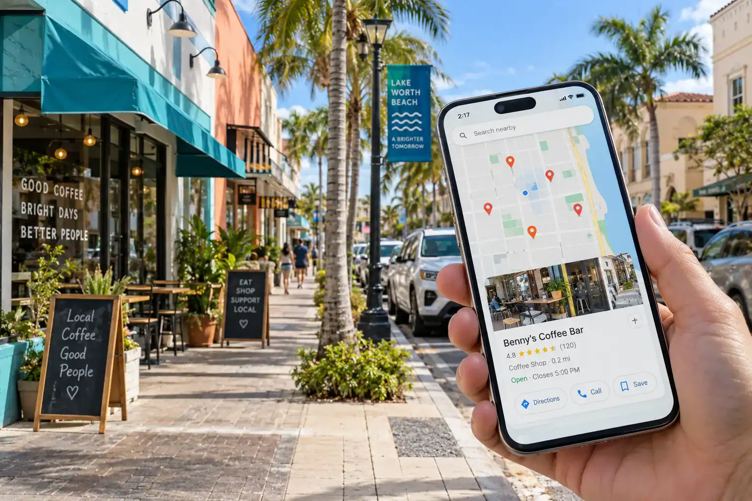 Local business discovery through a map listing in downtown Lake Worth Beach