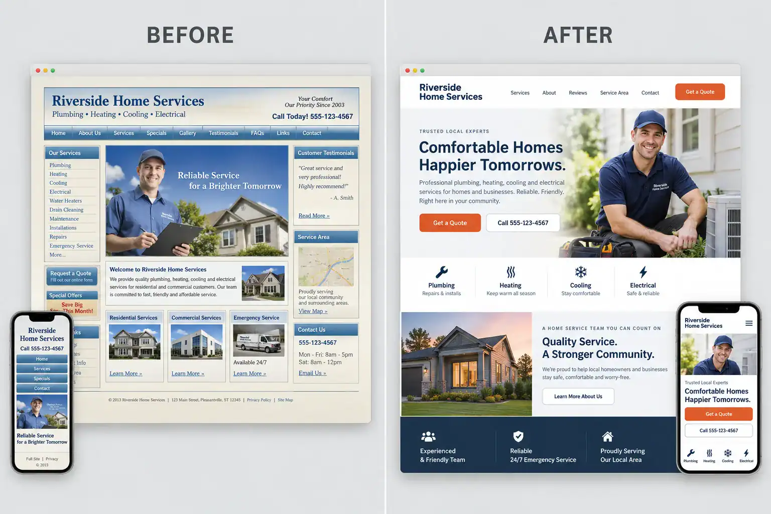 Outdated local business website compared with a current responsive website design