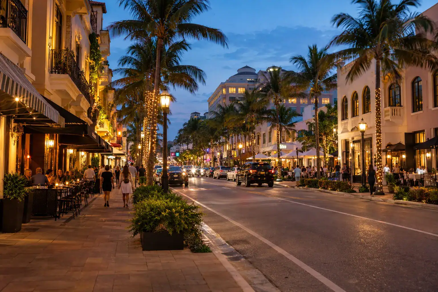 Active Palm Beach County downtown commercial district with restaurants, shops, offices, and pedestrians