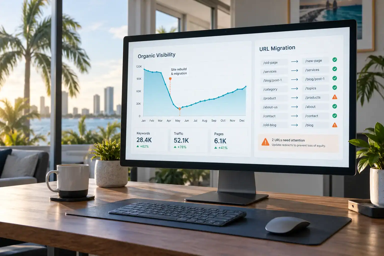 SEO visibility decline and website migration recovery dashboard